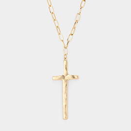 Hammered Metal Paper Clip Chain Cross Pendant Long Necklace