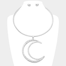 Textured Metal Open Crescent Pendant Necklace