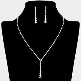 Round Stone Accented Rhinestone Paved Y Necklace