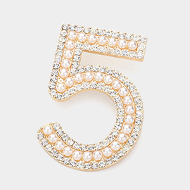 Stone Paved Pearl Embellished Number Five Pin Brooch