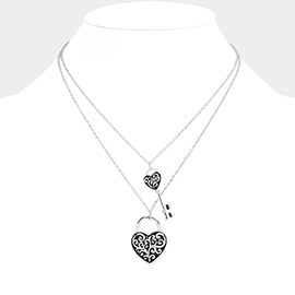 Antique Metal Heart Lock Key Pendant Layered Necklace