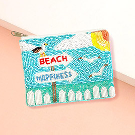 BEACH HAPPINESS Message Seagull Seed Beaded Mini Pouch Bag