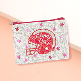 GAME DAY Message Football Helmet Seed Beaded Mini Pouch Bag