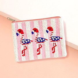 American USA Flag Flamingo Seed Beaded Mini Pouch Bag