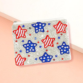 American USA Flag Star Pattern Seed Beaded Mini Pouch Bag