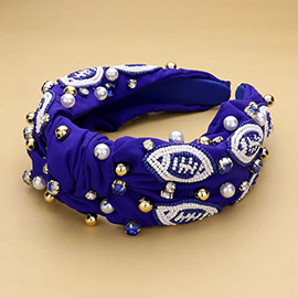 Seed Beaded Football Pearl Stone Cluster Embellished Knot Headband