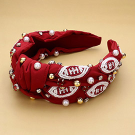 Seed Beaded Football Pearl Stone Cluster Embellished Knot Headband