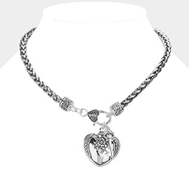 Antique Metal Flower Heart Key Pendant Necklace
