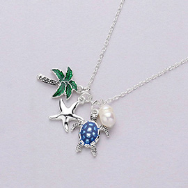 Palm Tree Starfish Sea Turtle Pearl Pendant Necklace