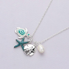 Sea Turtle Starfish Sand Dollar Pearl Pendant Necklace