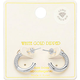 White Gold Dipped CZ Stone Paved Favoring Hoop Earrings