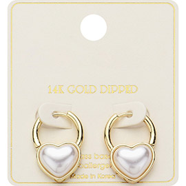 14K Gold Dipped Pearl Heart Huggie Earrings