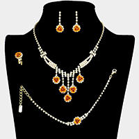4-PCS Rose Fringe Drop Rhinestone Necklace Jewelry Set