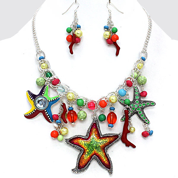 Crystal Pearl Funky Starfish Drop Necklace