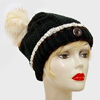 Button Accented Winter Knit Pom Pom Beanie Hat