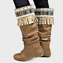 Boho Beaded Aztec Stripe Faux Suede Fringe Boot Cuff Toppers