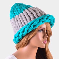 Color Block  Big Loop Yarn Knit Beanie Hat