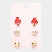 3Pairs - Clover Crystal Heart Metal Ball Stud Earrings