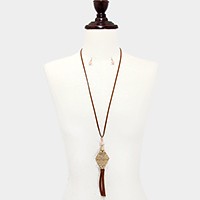 Raw quartz & faux suede tassel drop aztec long necklace