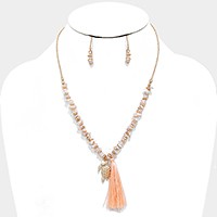 Thread tassel & turtle charm natural stone beaded necklace