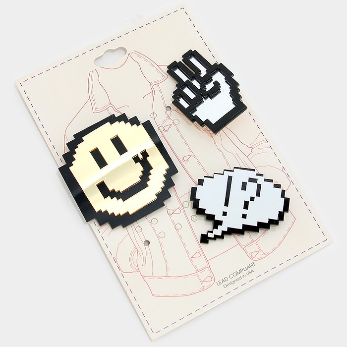 Mixed Pixel Icon Smiley Face Emoji & Message Bubble Brooch Set