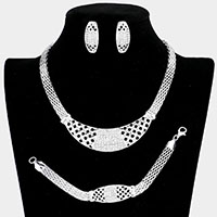 3PCS - Crystal rhinestone pave metal mesh necklace jewelry set