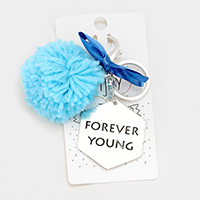FOREVER YOUNG _ Hammered Metal & Yarn Pom Pom with Ribbon Keychain