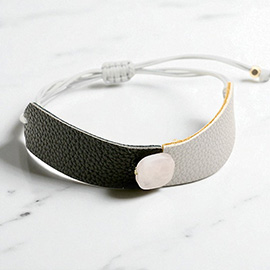Two Tone Leather Square Bead Accented Adjustable Cinch Pull Tie Bracelet