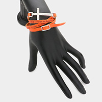 Cross Accented Message Faux Leather Band Wrap Bracelet