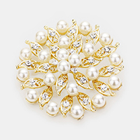 Pearl Crystal Embellished Leaf Brooch