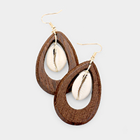 Puka Shell Cut Out Teardrop Wood Dangle Earrings