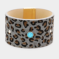 Leopard Leather Turquoise Round Magnetic Bracelet