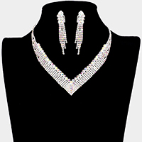 Crystal Rhinestone Pave V Shape Collar Necklace Clip on Earring Set