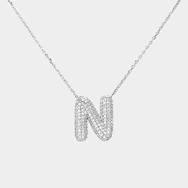 -N- White Gold Dipped CZ Monogram Pendant Necklace