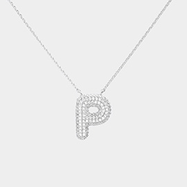 -P- White Gold Dipped CZ Monogram Pendant Necklace