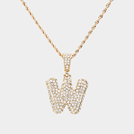 -W- Rhinestone Monogram Pendant Brass Chain Necklace