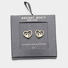 Secret Box _ 14K Gold Dipped CZ Triple Metal Heart Stud Earrings