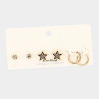 3Pairs - Brass Metal Round Stone Druzy Star Hoop Earrings