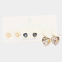 3Pairs - Metal Stone Abalone Heart Earrings