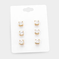 3Pairs - Square Stone Stud Earrings