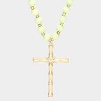 Metal Cross Pendant Wood Long Necklace