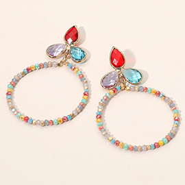 Triple Teardrop Accented Faceted Beaded Open Circle Dangle Earrings