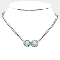 Double Round Turquoise Accented Antique Metal Pendant Necklace