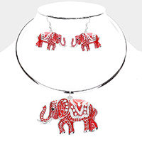 Rhinestone Embellished Enamel Elephant Pendant Necklace