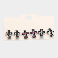 3Pairs - Rhinestone Embellished Cross Stud Earrings