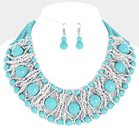 Natural Stone Accented Metal Link Statement Necklace