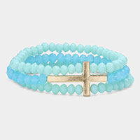 Metal Cross Accented Faceted Beaded Stretch Bracelet
