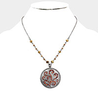 Rhinestone Embellished Metal Round Pendant Necklace
