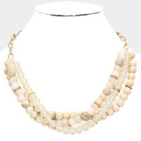 Natural Stone Wood Faceted Beaded Triple Layered Necklace