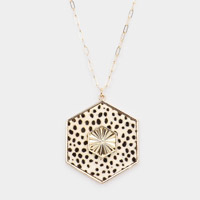 Cheetah Patterned Genuine Leather Hexagon Pendant Long Necklace